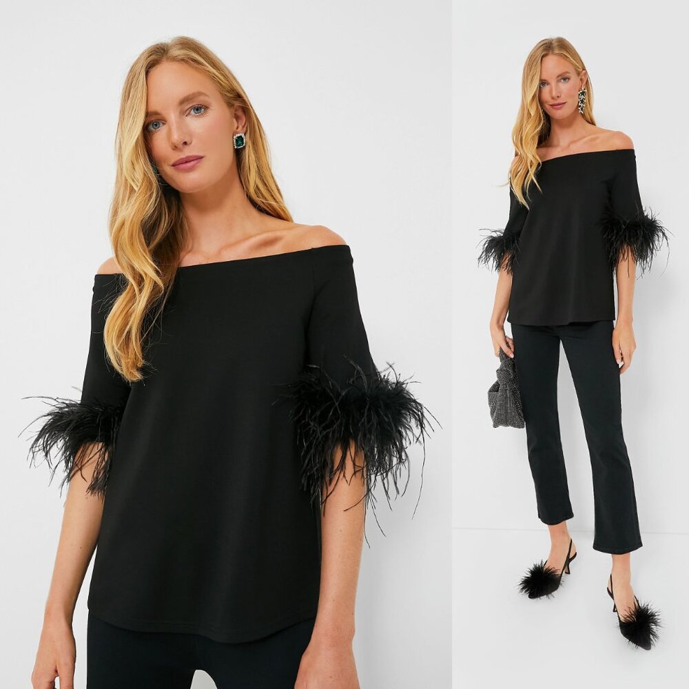 Tuckernuck Miranda Black Feather Off Shoulder Blouse XL NWT